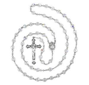 6mm Tin Cut Clear Czech Crystal Bead Rosary, Sterling Silver Crucifix and Center