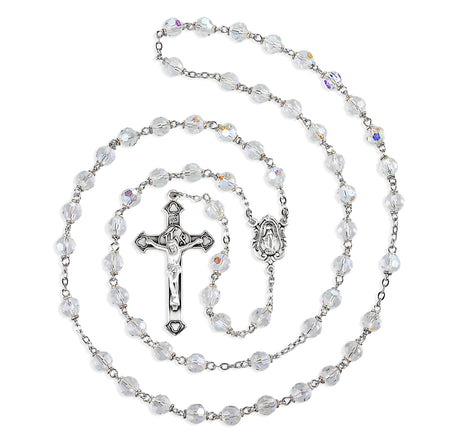 6mm Tin Cut Clear Czech Crystal Bead Rosary, Sterling Silver Crucifix and Center