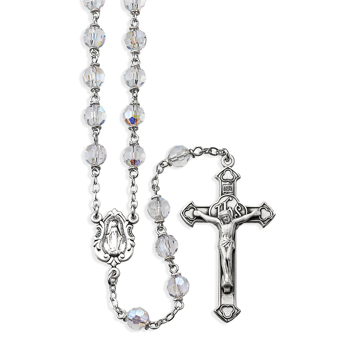 6mm Tin Cut Clear Czech Crystal Bead Rosary, Sterling Silver Crucifix and Center