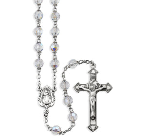 6mm Tin Cut Clear Czech Crystal Bead Rosary, Sterling Silver Crucifix and Center