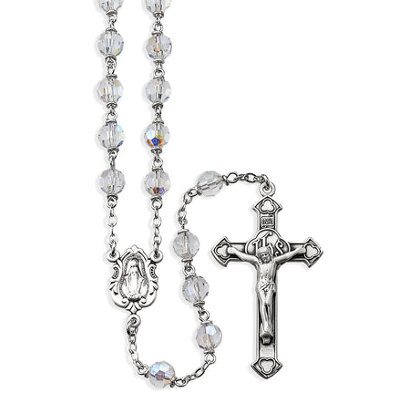 6mm Tin Cut Clear Czech Crystal Bead Rosary, Sterling Silver Crucifix and Center