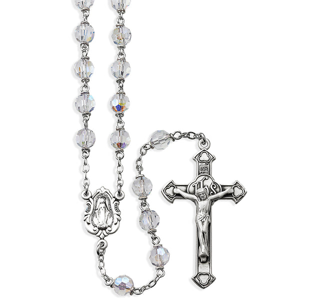 6mm Tin Cut Clear Czech Crystal Bead Rosary, Sterling Silver Crucifix and Center