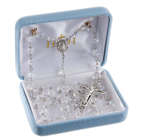 6mm Tin Cut Clear Czech Crystal Bead Rosary, Sterling Silver Crucifix and Center