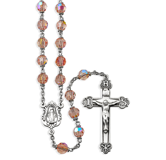 6mm Tin Cut Light Rose Czech Crystal Aurora Bead Rosary, Sterling Silver Crucifix and Center