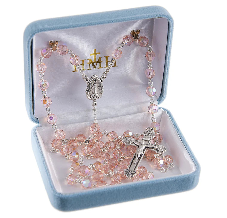 Light Rose Czech Crystal Rosary, 6mm Beads & Sterling Silver Details
