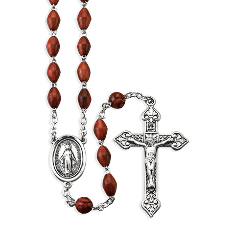6x9mm Brown Cocoa Bead Rosary with Carved Our Father Beads, Sterling Silver Crucifix and Center
