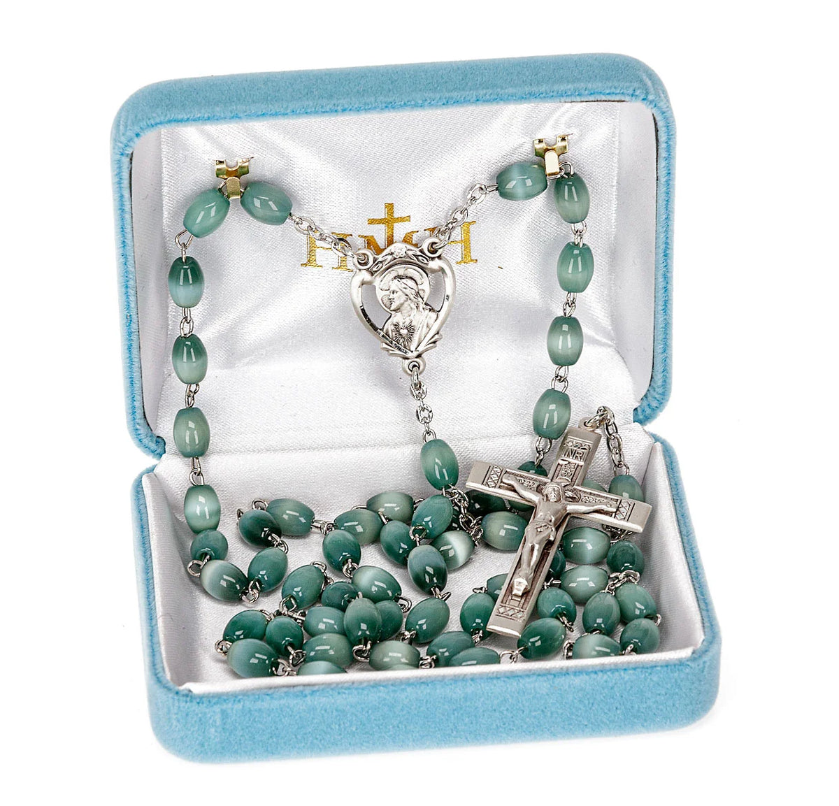 Gray Oval Bead Men's Rosary with Sterling Silver Sacred Heart Center