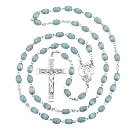 Gray Oval Bead Men's Rosary with Sterling Silver Sacred Heart Center