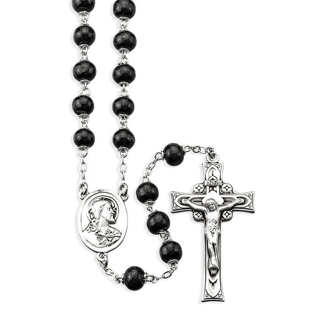 Black Round Boxwood Rosary, Sterling Silver Crucifix and Center