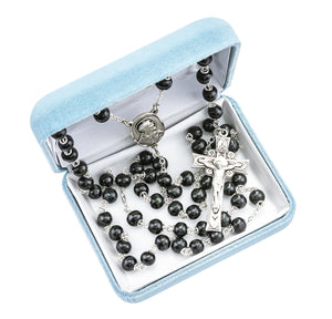 Black Round Boxwood Rosary, Sterling Silver Crucifix and Center