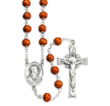 Brown Round Boxwood Rosary, Sterling Silver Crucifix and Center