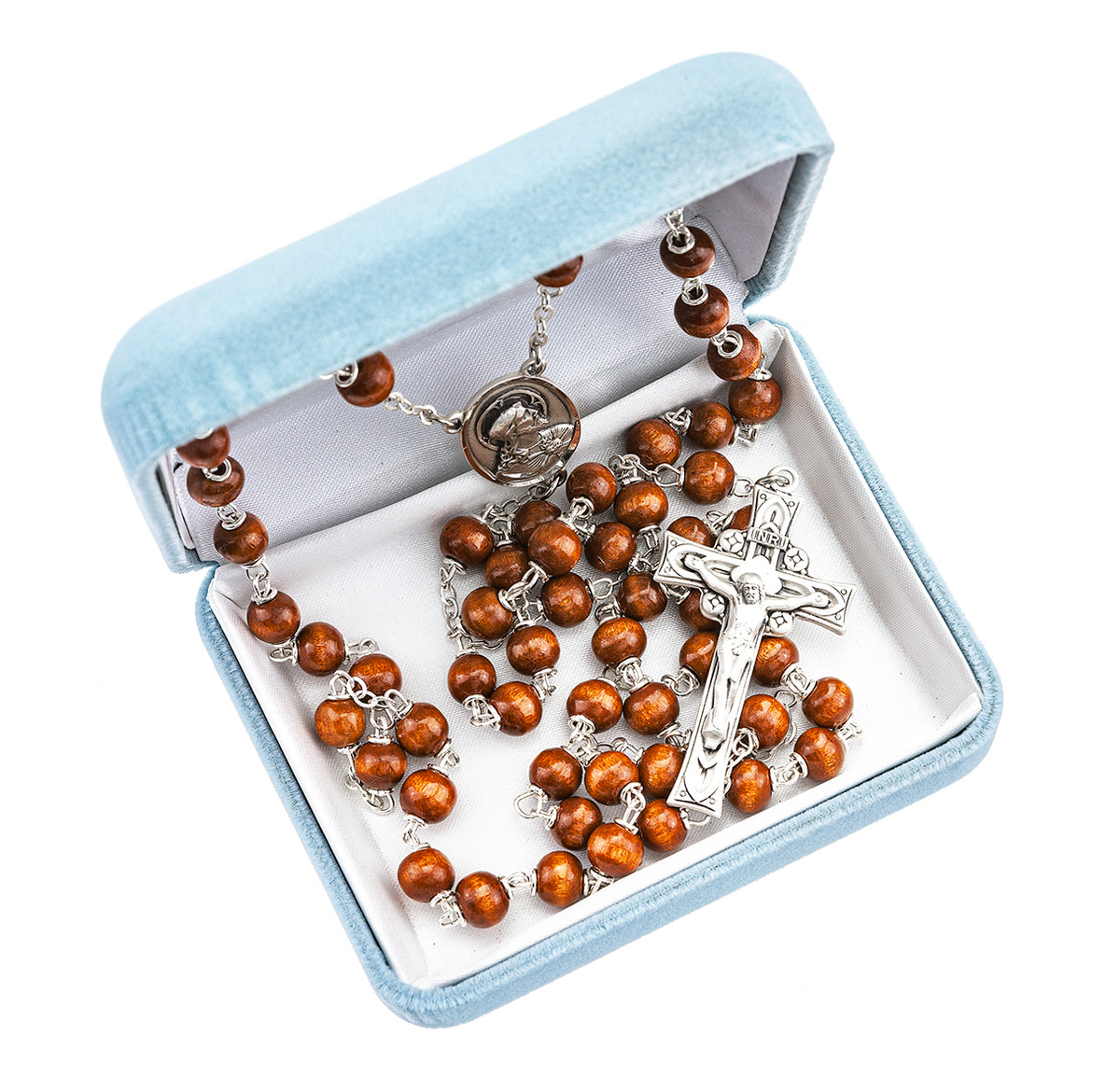 Brown Round Boxwood Rosary, Sterling Silver Crucifix and Center