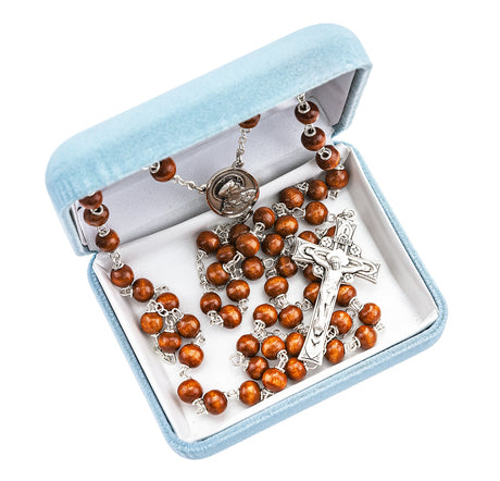 Brown Round Boxwood Rosary, Sterling Silver Crucifix and Center