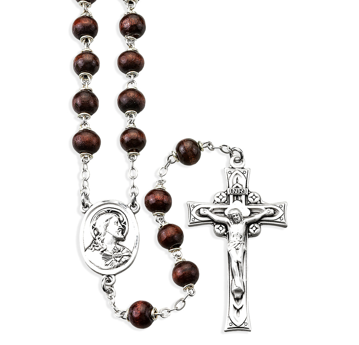 Maroon Round Boxwood Rosary, Sterling Silver Crucifix and Center