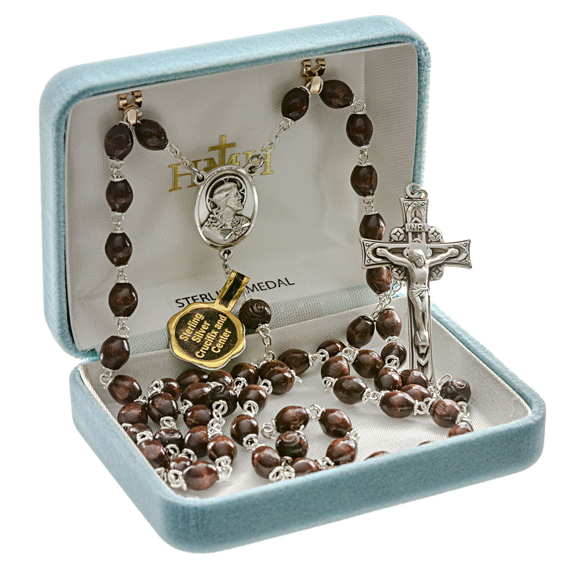 Maroon Round Boxwood Rosary, Sterling Silver Crucifix and Center
