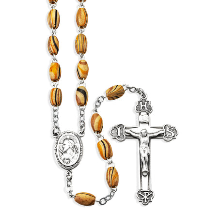 5x7mm Oval Striped Olive Wood Bead Rosary, Sterling Silver Crucifix and Center
