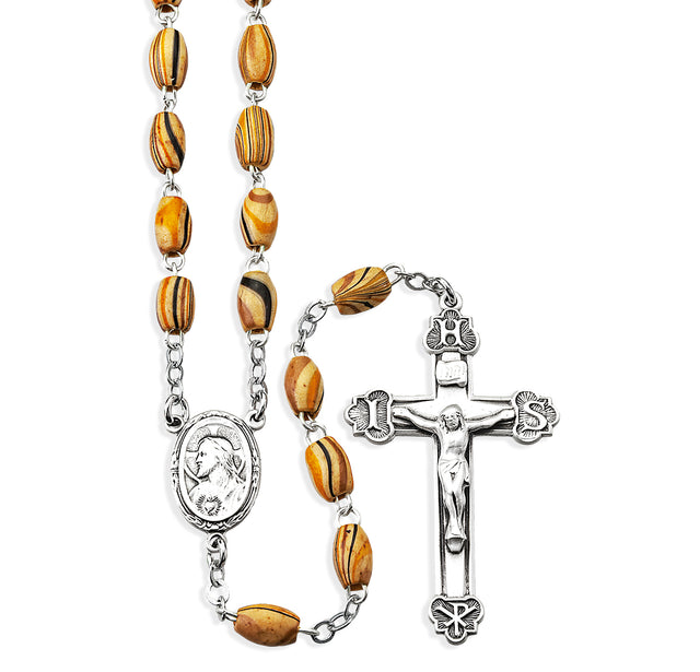 5x7mm Oval Striped Olive Wood Bead Rosary, Sterling Silver Crucifix and Center