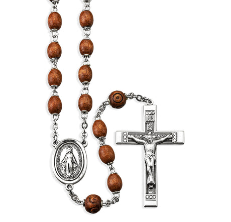 Brown Oval Boxwood Rosary, Sterling Silver Crucifix and Center