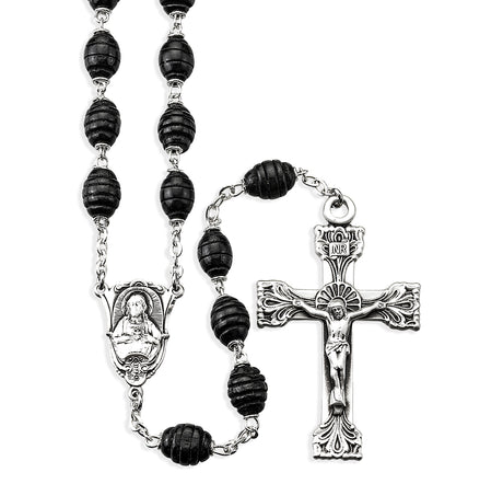 7x9mm Black Carved Beehive Boxwood Rosary, Sterling Silver Crucifix and Center