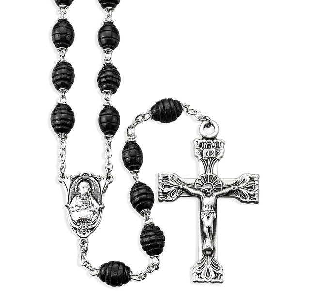 7x9mm Black Carved Beehive Boxwood Rosary, Sterling Silver Crucifix and Center