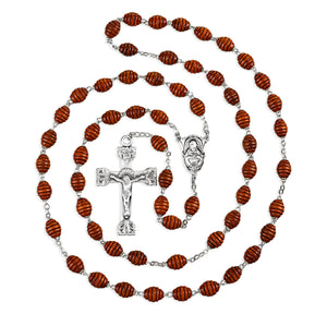 7x9mm Brown Carved Beehive Boxwood Rosary, Sterling Silver Crucifix and Center