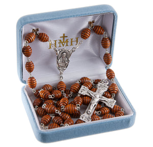 7x9mm Brown Carved Beehive Boxwood Rosary, Sterling Silver Crucifix and Center