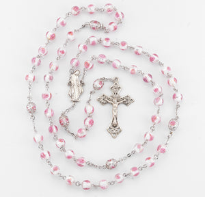 8mm Pink Rose Embedded Glass Bead Rosary with Double Capped Our Father Beads, Sterling Silver Crucifix and Center