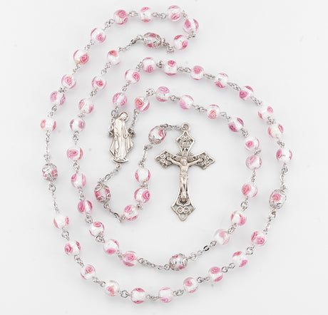 8mm Pink Rose Embedded Glass Bead Rosary with Double Capped Our Father Beads, Sterling Silver Crucifix and Center