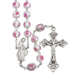 8mm Pink Rose Embedded Glass Bead Rosary with Double Capped Our Father Beads, Sterling Silver Crucifix and Center