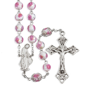 8mm Pink Rose Embedded Glass Bead Rosary with Double Capped Our Father Beads, Sterling Silver Crucifix and Center