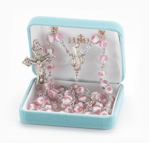 8mm Pink Rose Embedded Glass Bead Rosary with Double Capped Our Father Beads, Sterling Silver Crucifix and Center