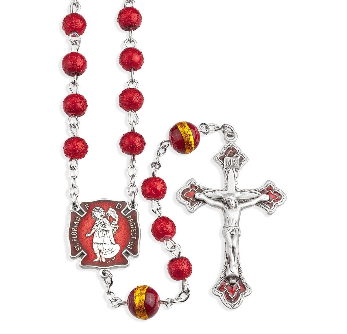 Saint Florian Firefighter Rosary, 6mm Red Lava Glass Beads, Sterling Silver Crucifix and Center