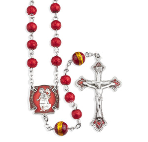 Saint Florian Firefighter Rosary, 6mm Red Lava Glass Beads, Sterling Silver Crucifix and Center