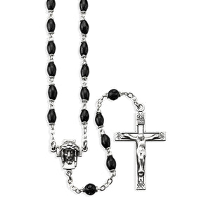 Black Oval Cocoa Bead Rosary, Sterling Silver Crucifix and Center