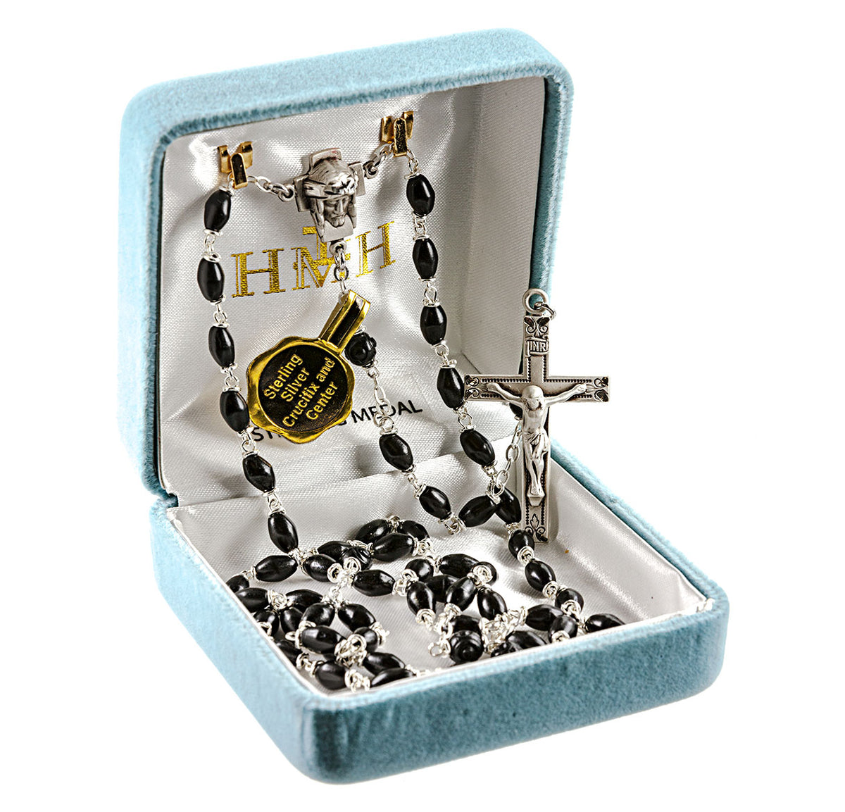 Black Oval Cocoa Bead Rosary, Sterling Silver Crucifix and Center