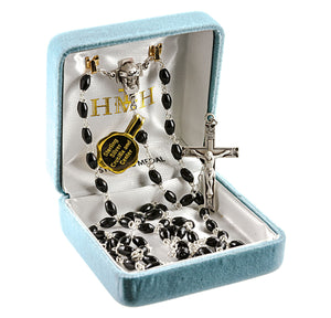 Black Oval Cocoa Bead Rosary, Sterling Silver Crucifix and Center