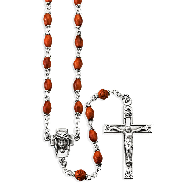 Brown Oval Cocoa Bead Rosary, Sterling Silver Crucifix and Center