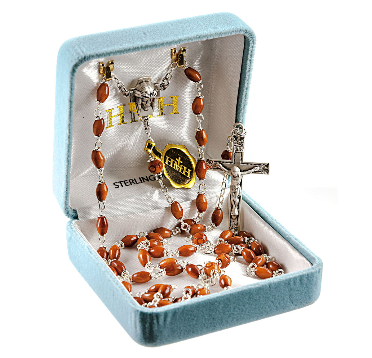 Brown Oval Cocoa Bead Rosary, Sterling Silver Crucifix and Center
