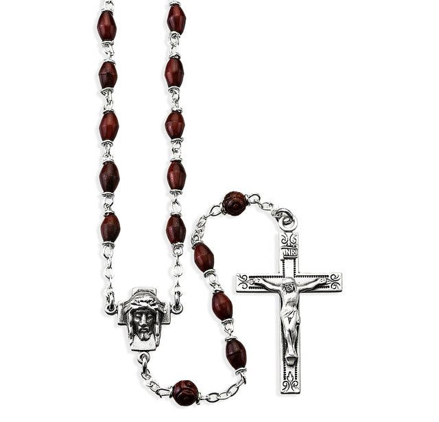 Maroon Oval Cocoa Bead Confirmation Rosary, Sterling Silver Crucifix and Center
