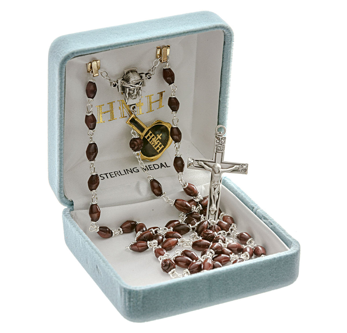 Maroon Oval Cocoa Bead Confirmation Rosary, Sterling Silver Crucifix and Center