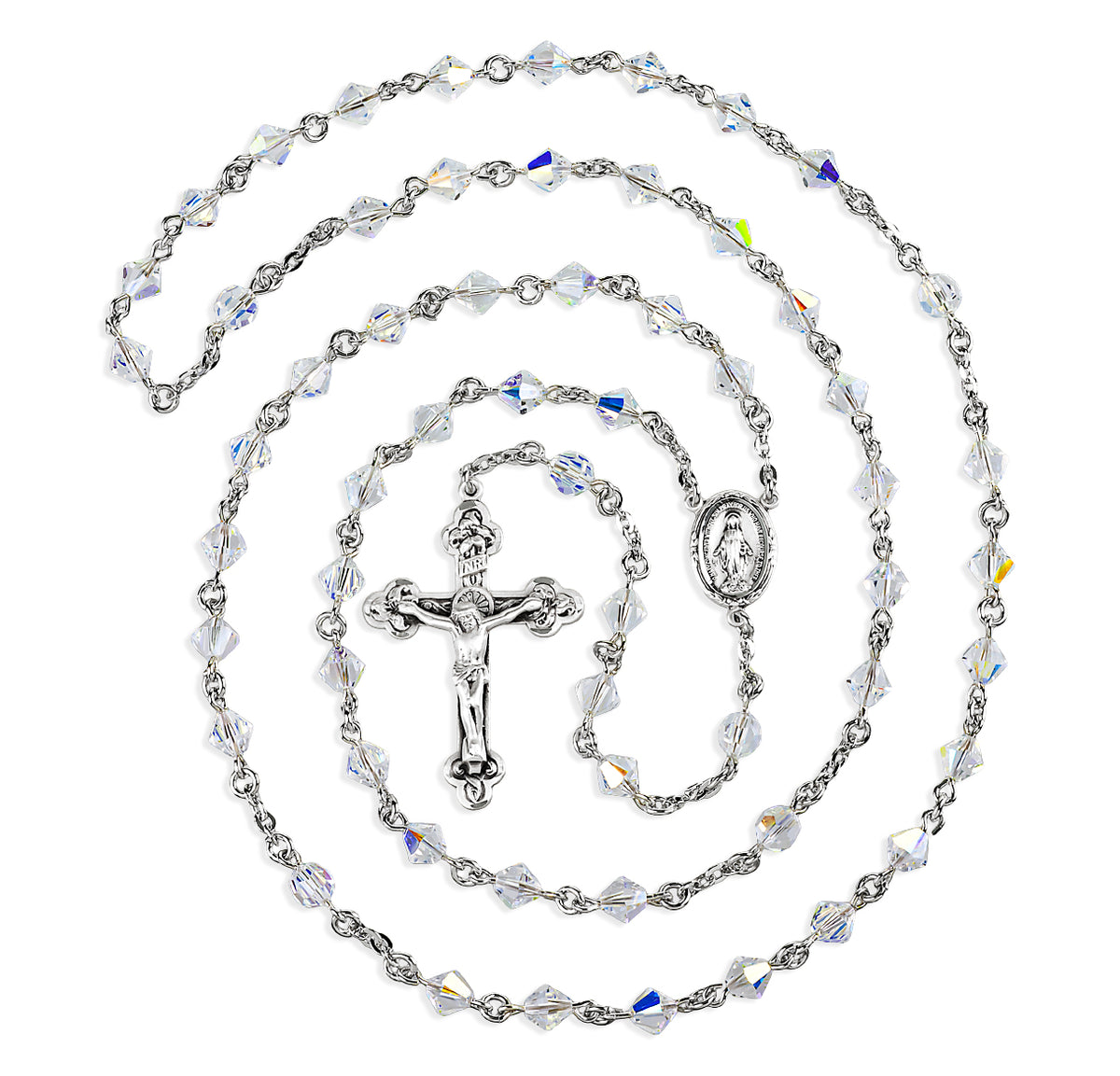6mm Aurora Borealis Swarovski Crystal Bi-Cone Bead Rosary, Sterling Silver Crucifix and Center