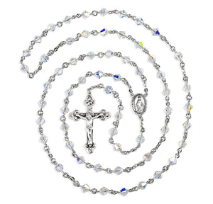 6mm Aurora Borealis Swarovski Crystal Bi-Cone Bead Rosary, Sterling Silver Crucifix and Center