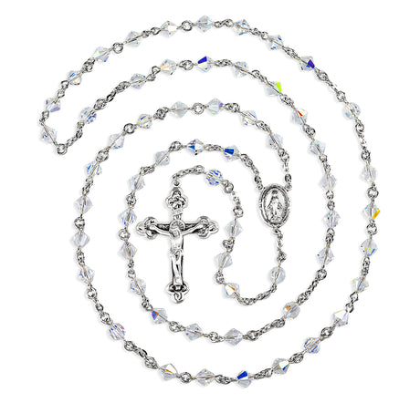 6mm Aurora Borealis Swarovski Crystal Bi-Cone Bead Rosary, Sterling Silver Crucifix and Center