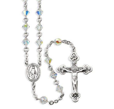 6mm Aurora Borealis Swarovski Crystal Bi-Cone Bead Rosary, Sterling Silver Crucifix and Center