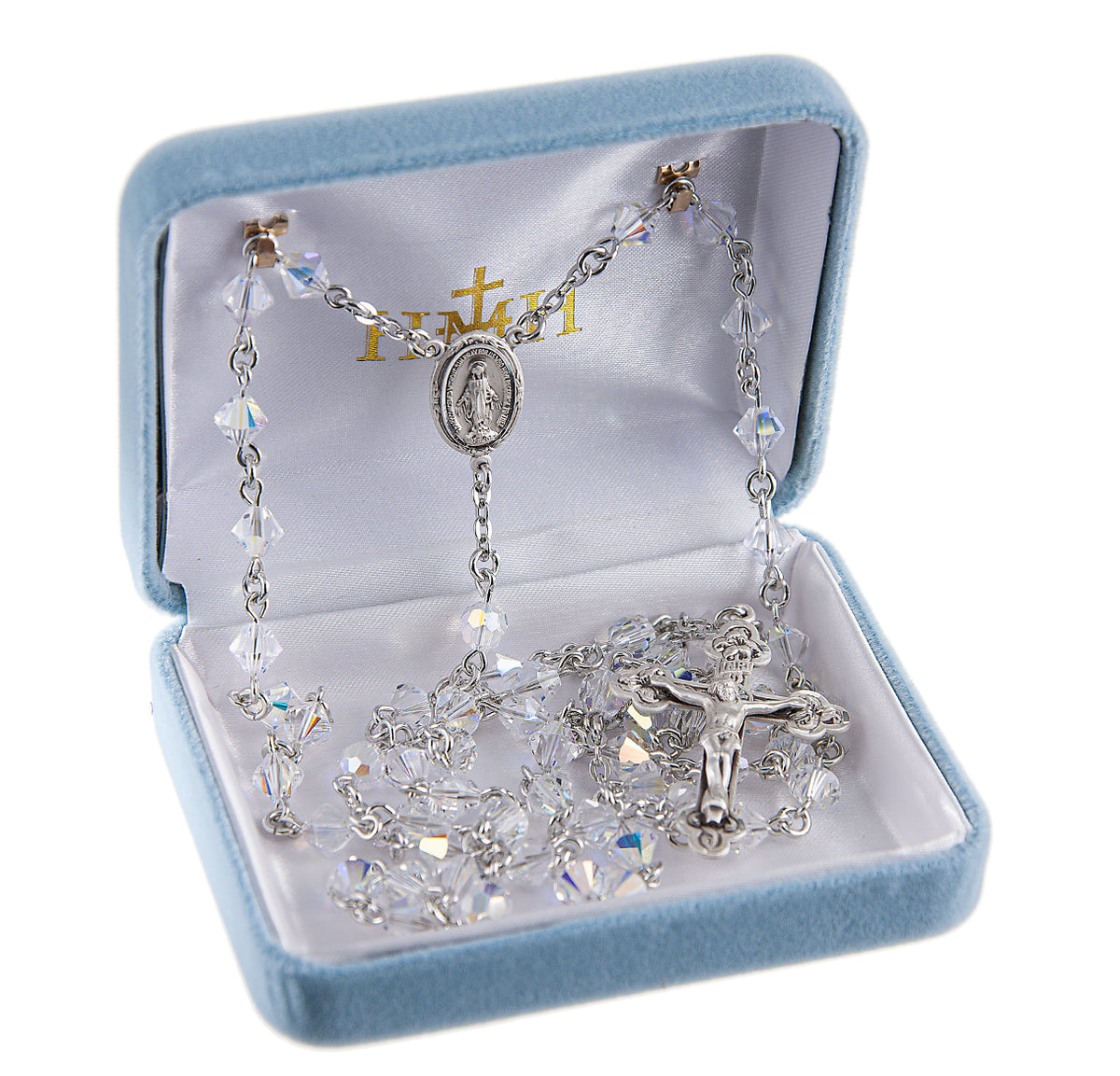 6mm Aurora Borealis Swarovski Crystal Bi-Cone Bead Rosary, Sterling Silver Crucifix and Center