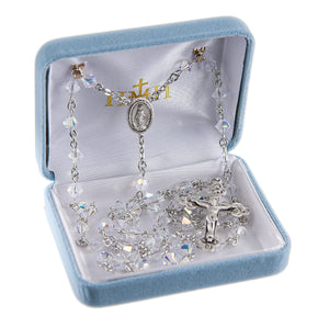6mm Aurora Borealis Swarovski Crystal Bi-Cone Bead Rosary, Sterling Silver Crucifix and Center