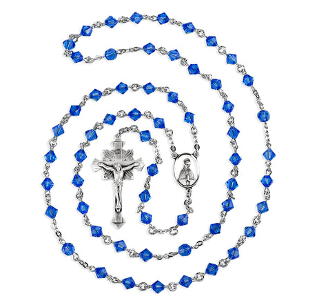 6mm Sapphire Swarovski Crystal Bi-Cone Bead Rosary, Sterling Silver Crucifix and Center