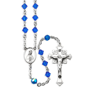 6mm Sapphire Swarovski Crystal Bi-Cone Bead Rosary, Sterling Silver Crucifix and Center