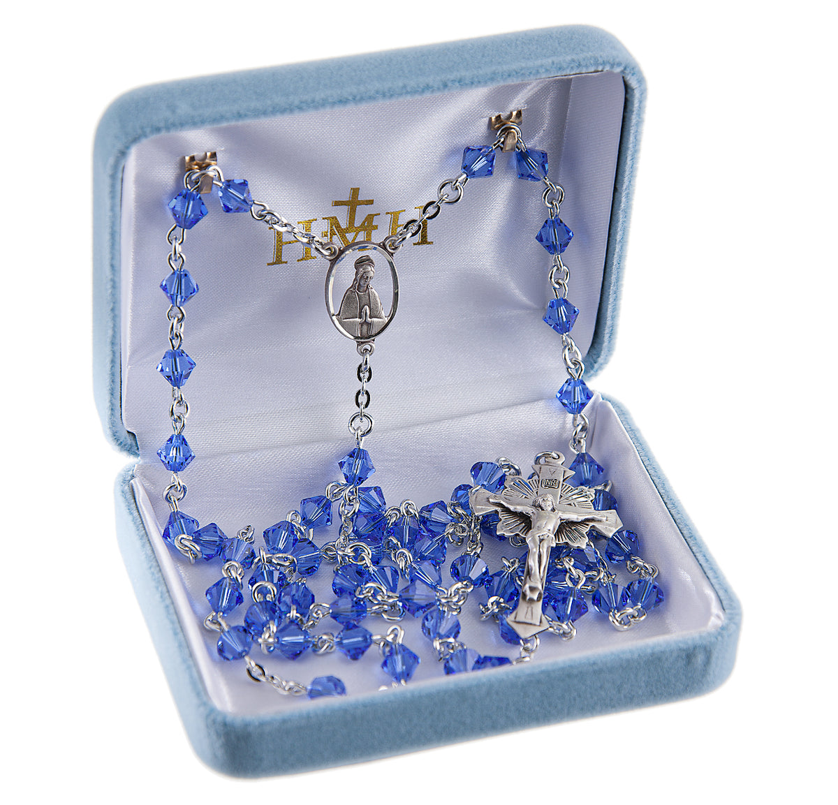 6mm Sapphire Swarovski Crystal Bi-Cone Bead Rosary, Sterling Silver Crucifix and Center