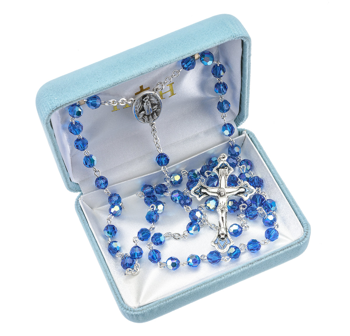 6mm Bermuda Blue Swarovski Crystal Rosary, Sterling Silver Crucifix and Center